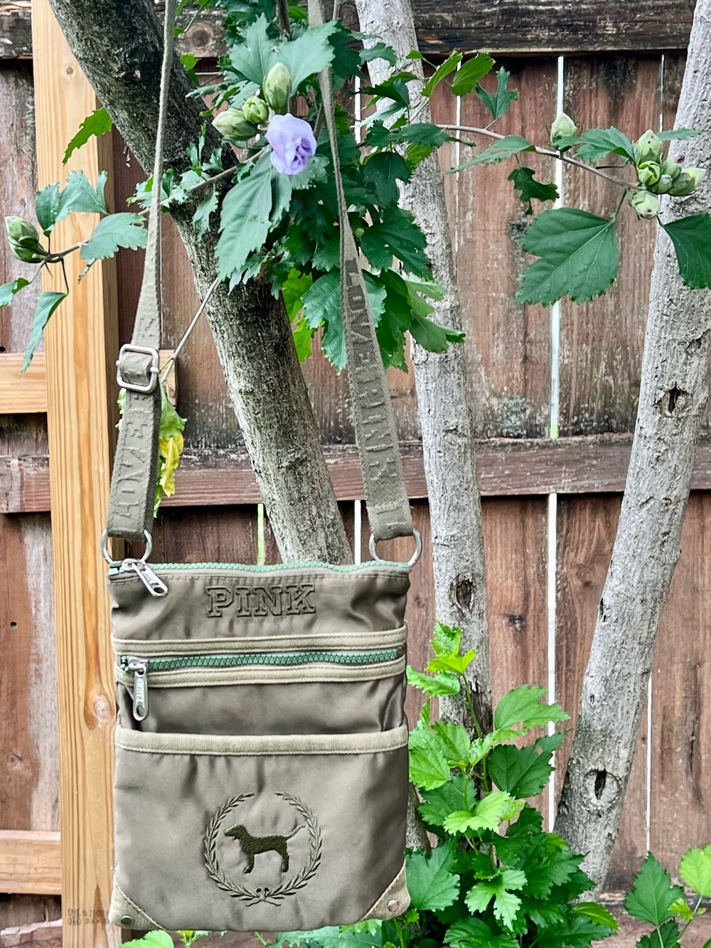 Y2k olive green LOVE PINK 💕 🐶 Victorias Secret Crossbody Bag Satin Messenger💖